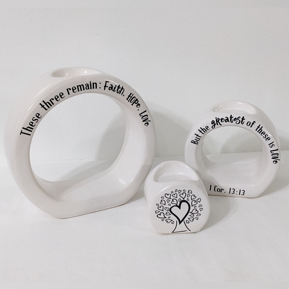 Faith, Hope, Love 1 Corinthians 13:13 Nesting Candle Holder Set 3 PC, New In Box